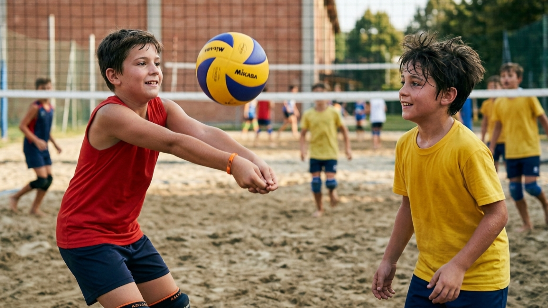 young_volley_camp Bambini di 10 anni che giocano a pallavolo in un campo di sabbia
